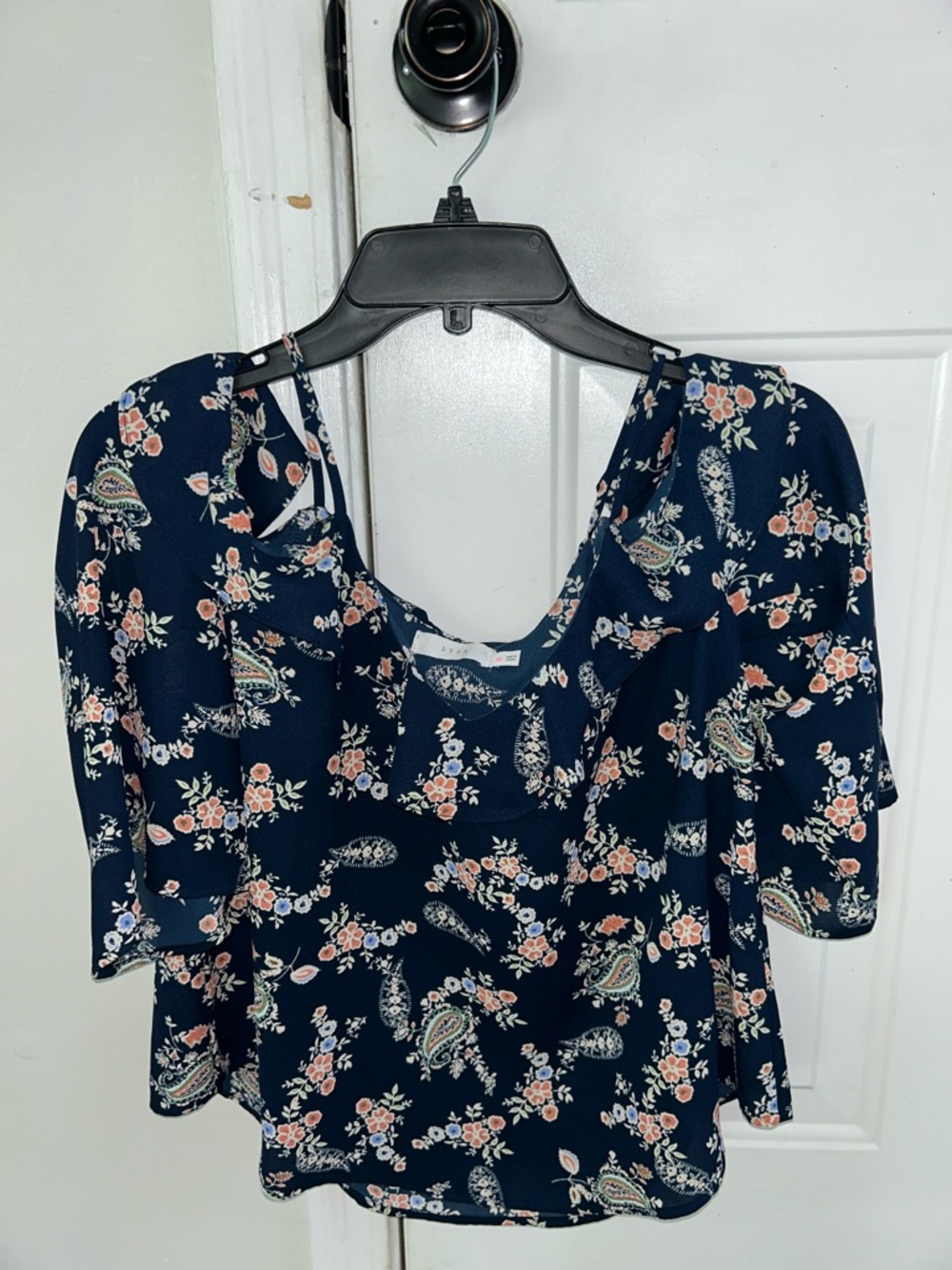 Lush Navy Floral Paisley Cold-Shoulder Blouse